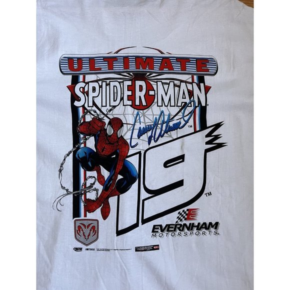 VINTAGE NASCAR SPIDERMAN CASEY ATWOOD WHITE T SHIRT SIZE LARGE 2001 CHASE AUTH - Picture 5 of 9
